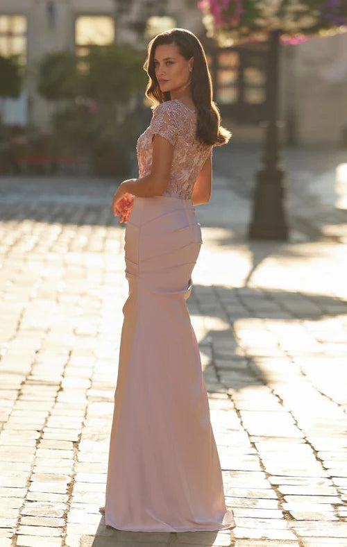 Crew Neck Short Lace Sleeve Floral Embellished Ruched Waist Blush Pink Satin Mermaid Maxi Dress