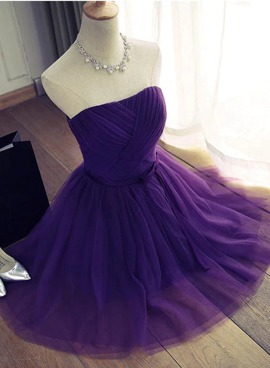 Front view of a cute A-line purple homecoming dress with a sweetheart neckline.