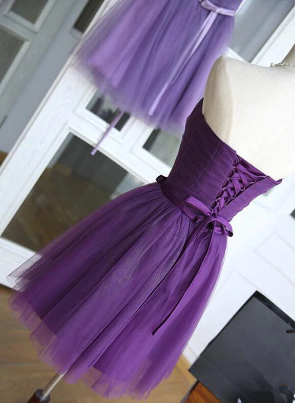 Side view of a charming A-line purple formal dress.