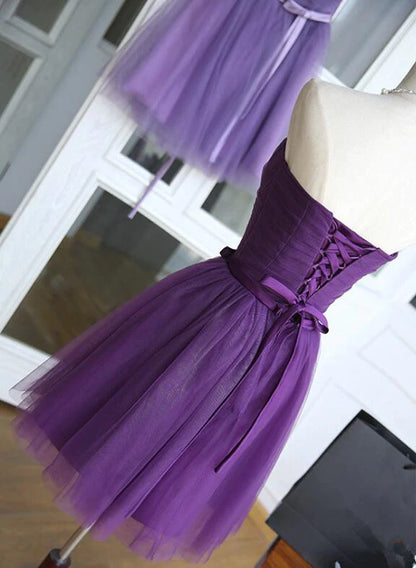 Side view of a charming A-line purple formal dress.