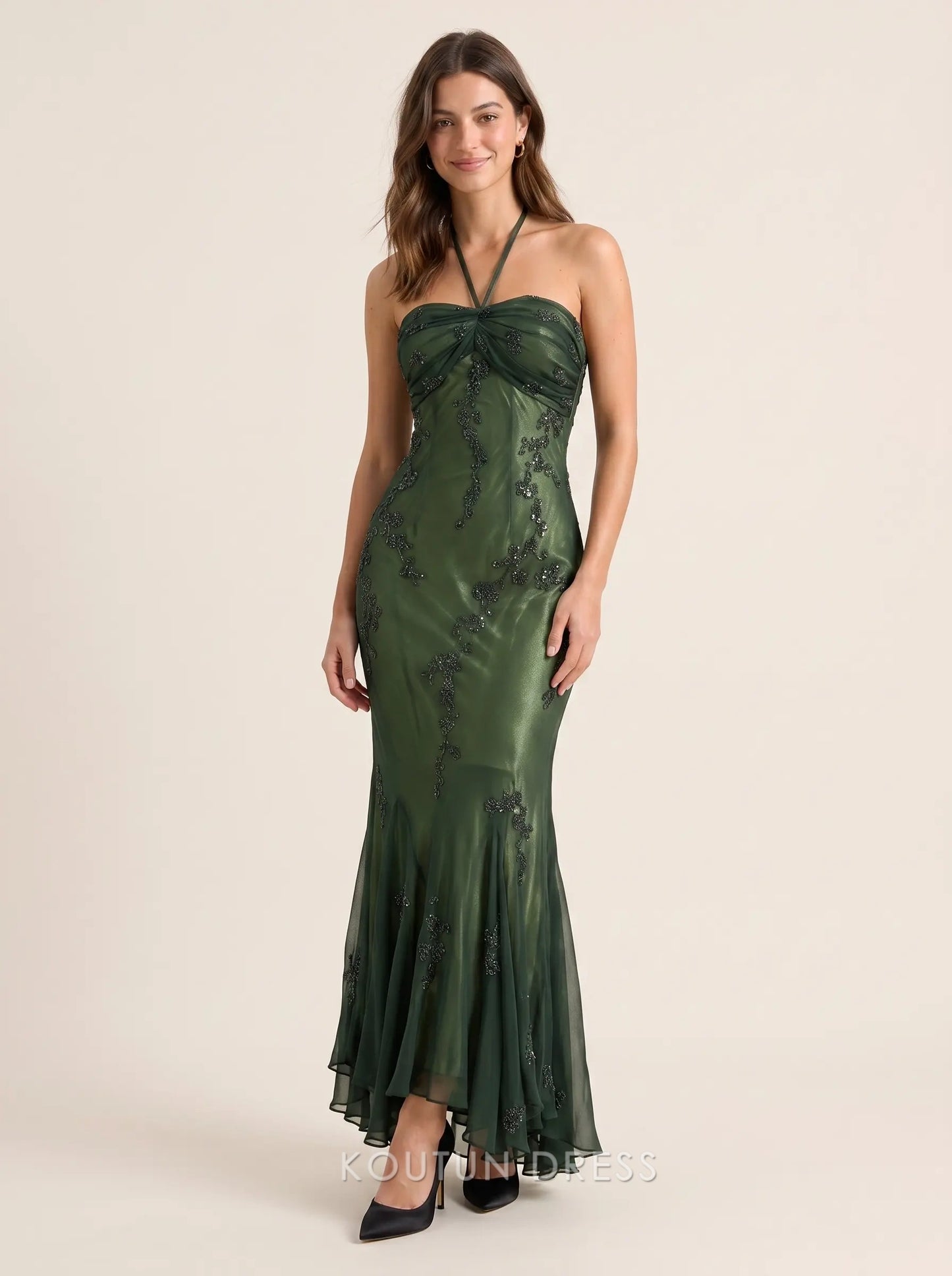 Dark Green Halter Neck Strapless Beaded Floral Appliqué Mermaid Chiffon Formal Evening Prom Dress