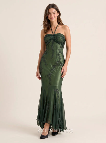 Dark Green Halter Neck Strapless Beaded Floral Appliqué Mermaid Chiffon Formal Evening Prom Dress