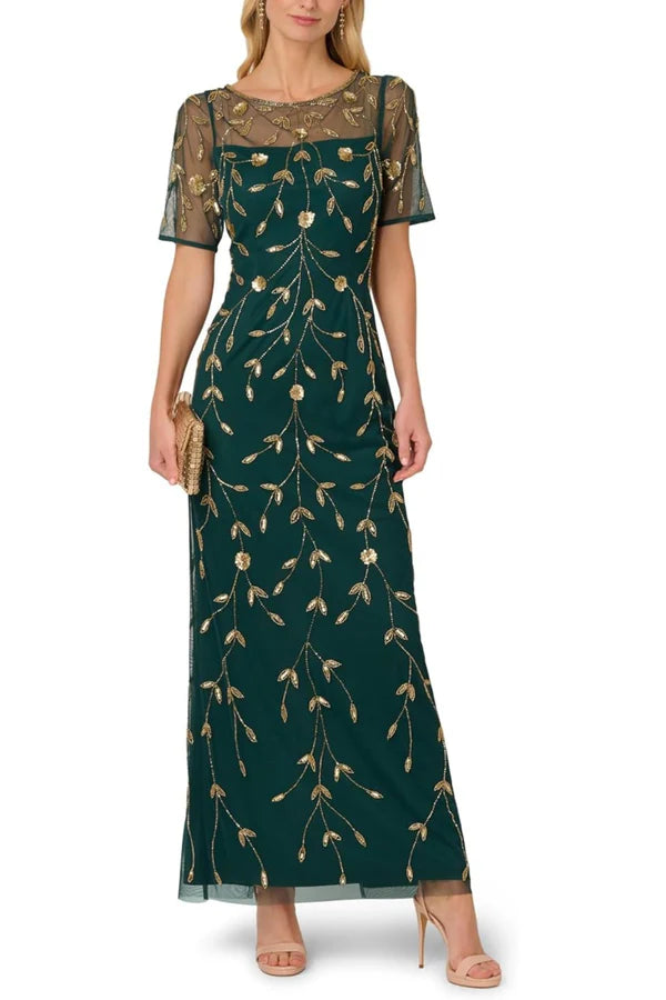 Dark Green Illusion Neck Short Sleeve Floral Beaded Sheath Floor Lengt Koutun Dress Dark Green Illusion Neck Short Sleeve Floral Beaded Sheath Floor Lengt Koutun Dress