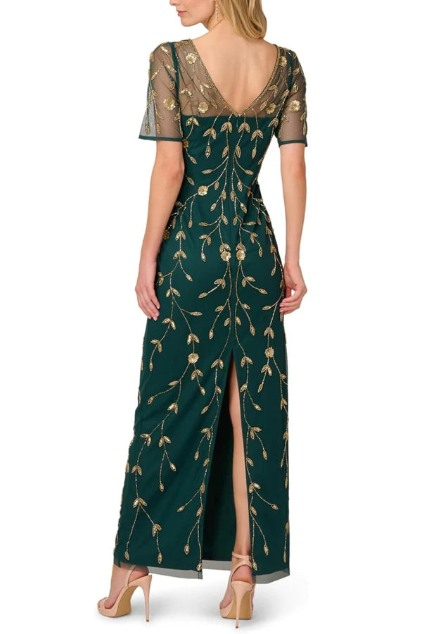 Dark Green Illusion Neck Short Sleeve Floral Beaded Sheath Floor Length Formal Evening Prom Dress