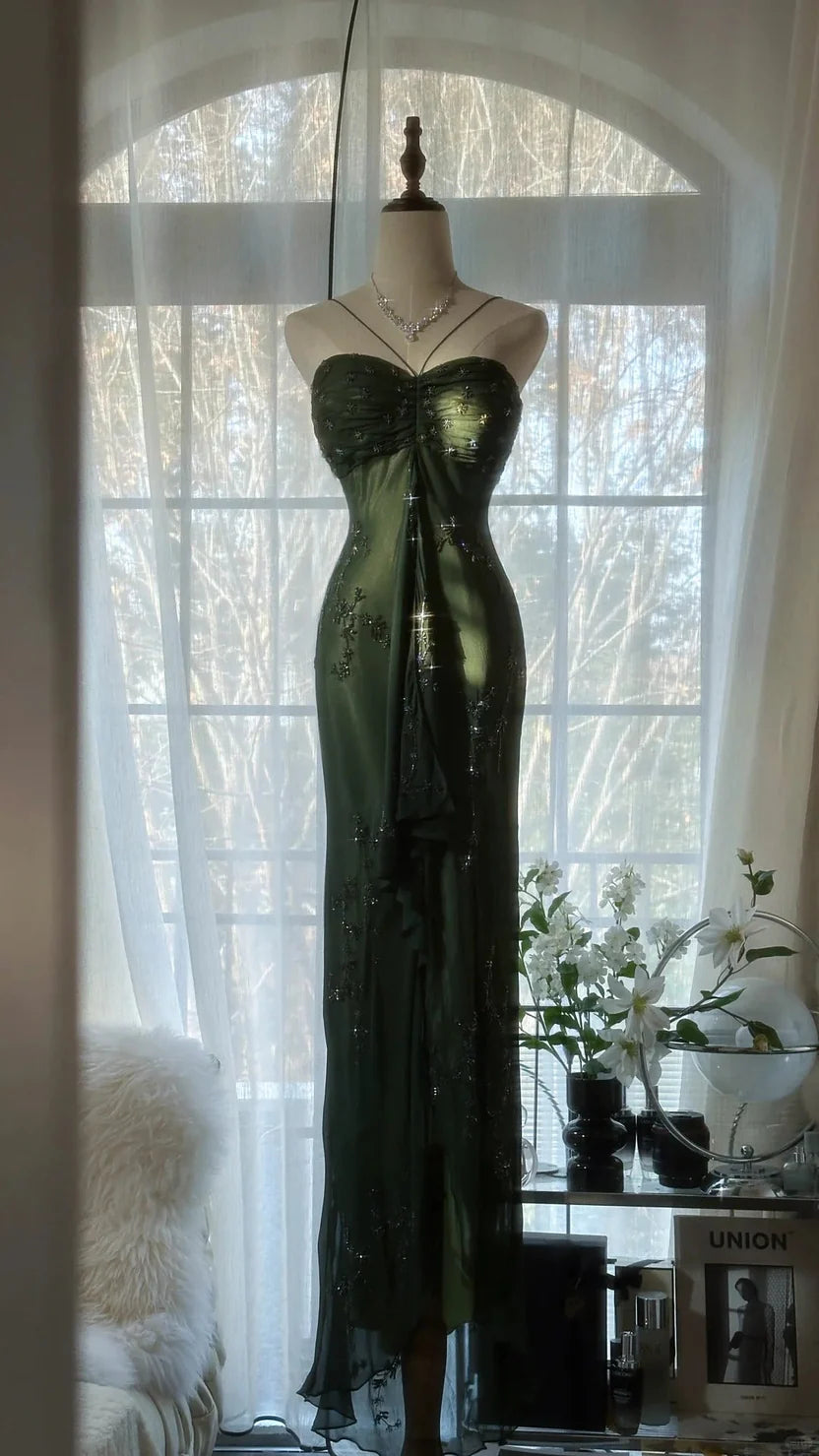 Dark Green Spaghetti Strap Prom Dress With Beaded Floral Embroidery Sweetheart Neckline And High Slit Mermaid Formal Prom Dress