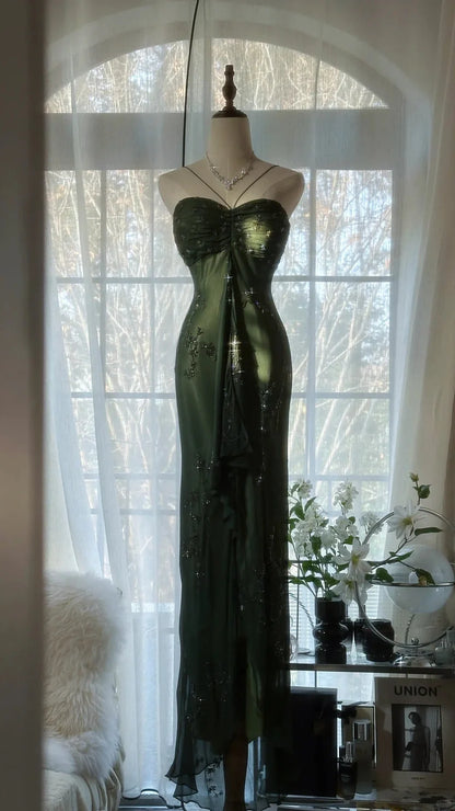 Dark Green Spaghetti Strap Prom Dress With Beaded Floral Embroidery Sweetheart Neckline And High Slit Mermaid Formal Prom Dress