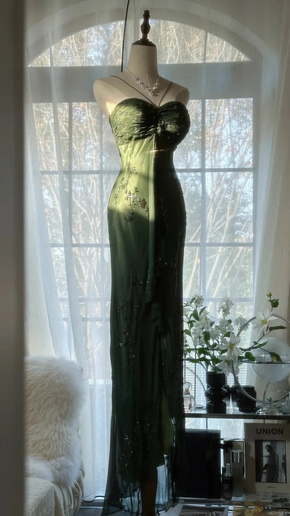 Dark Green Spaghetti Strap Prom Dress With Beaded Floral Embroidery Sweetheart Neckline And High Slit Mermaid Formal Prom Dress