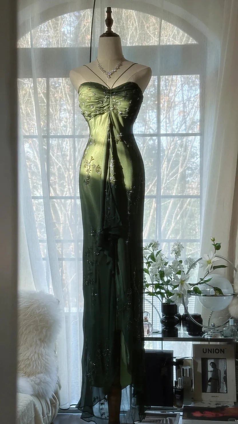 Dark Green Spaghetti Strap Prom Dress With Beaded Floral Embroidery Sweetheart Neckline And High Slit Mermaid Formal Prom Dress