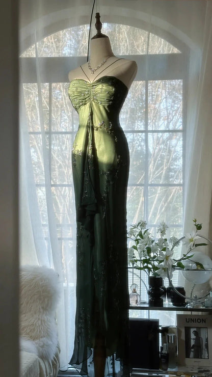 Dark Green Spaghetti Strap Prom Dress With Beaded Floral Embroidery Sweetheart Neckline And High Slit Mermaid Formal Prom Dress