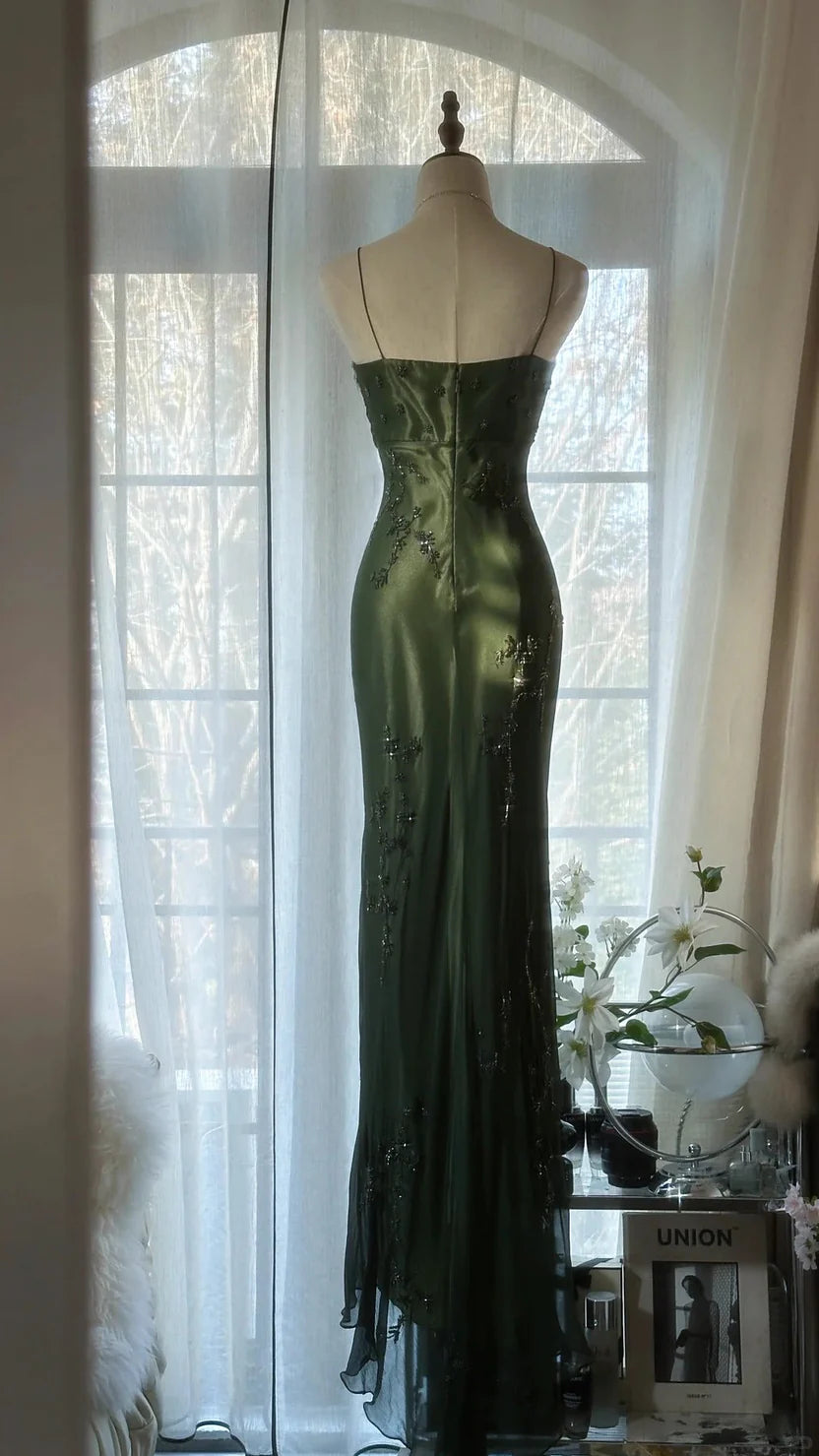 Dark Green Spaghetti Strap Prom Dress With Beaded Floral Embroidery Sweetheart Neckline And High Slit Mermaid Formal Prom Dress