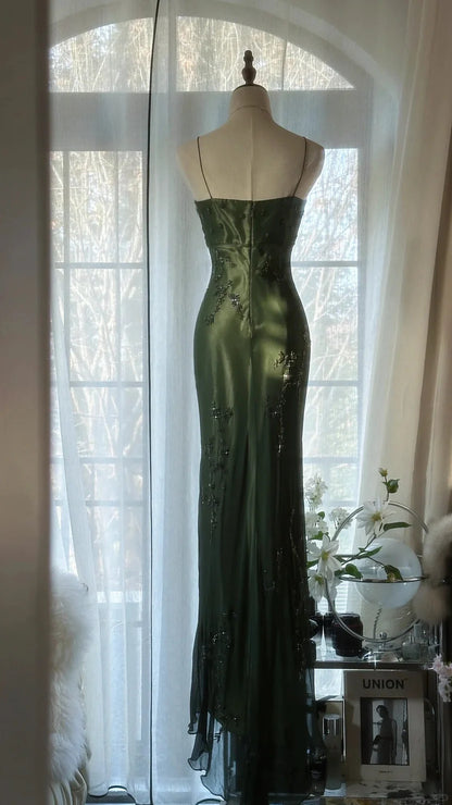Dark Green Spaghetti Strap Prom Dress With Beaded Floral Embroidery Sweetheart Neckline And High Slit Mermaid Formal Prom Dress