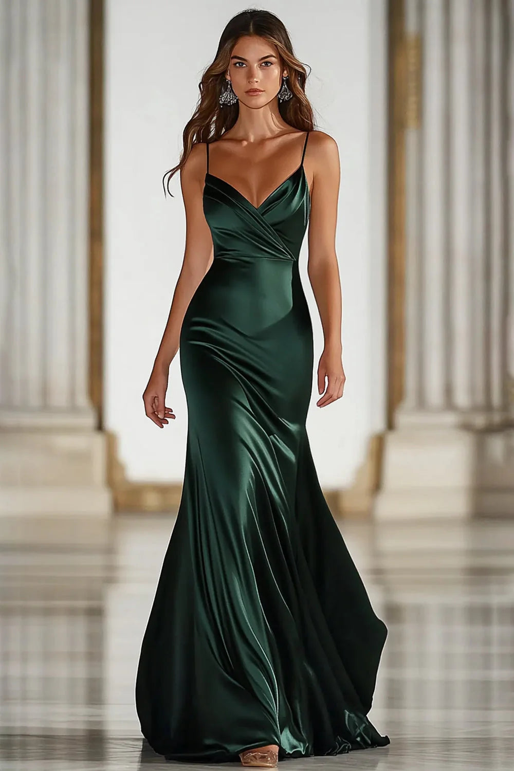 Dark Green Spaghetti Strap Prom Dress With V Neck And Satin Mermaid Silhouette For Formal Evening Party