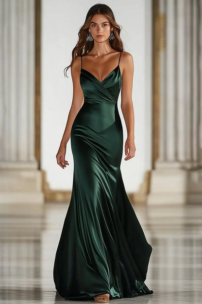 Dark Green Spaghetti Strap Prom Dress With V Neck And Satin Mermaid Silhouette For Formal Evening Party