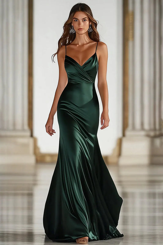 Dark Green Spaghetti Strap Prom Dress With V Neck And Satin Mermaid Silhouette For Formal Evening Party