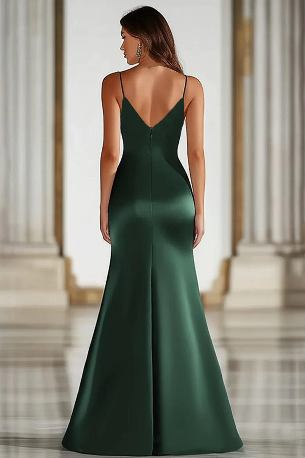 Dark Green Spaghetti Strap Prom Dress With V Neck And Satin Mermaid Silhouette For Formal Evening Party