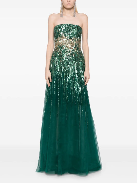 Dazzling Emerald Green & Gold Ombré Sequin Strapless Prom Dress