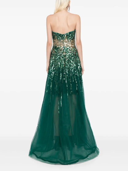 Dazzling Emerald Green & Gold Ombré Sequin Strapless Prom Dress