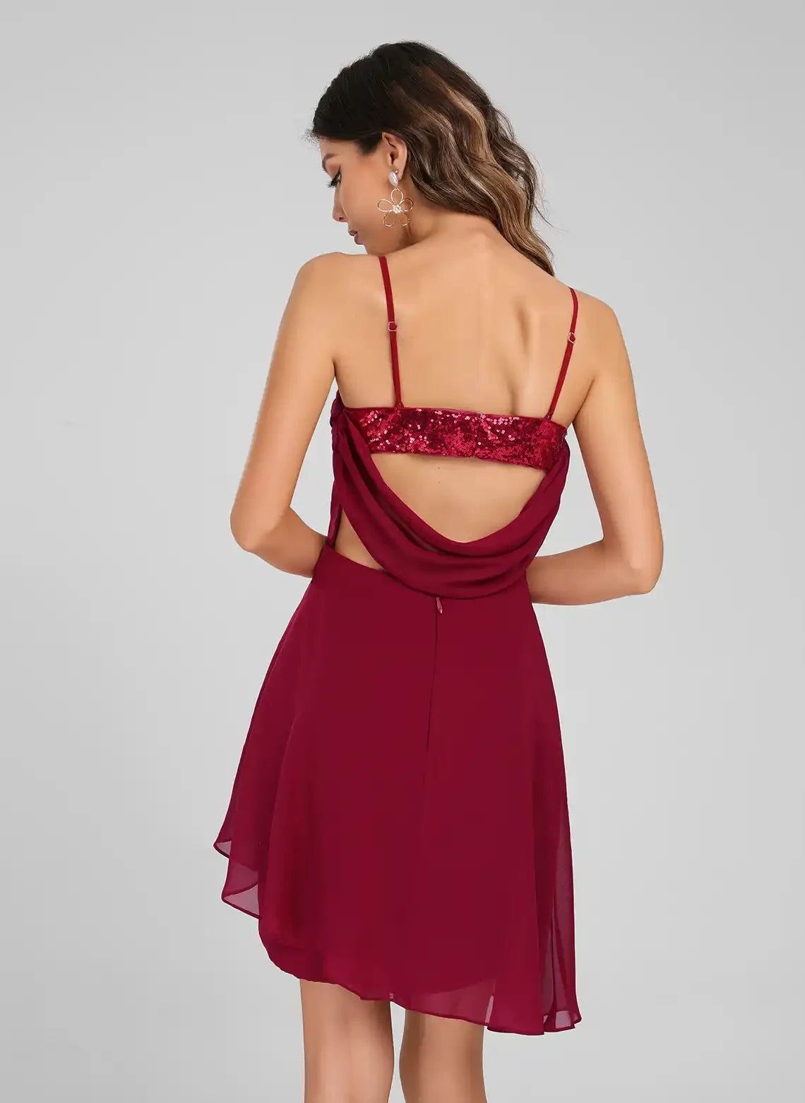 Dazzling A-Line Cowl Neck Sleeveless Sequin Ruched Burgundy Short Homecoming Dress