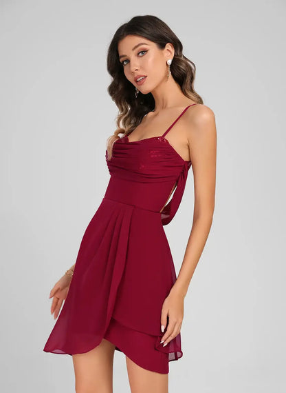 Dazzling A-Line Cowl Neck Sleeveless Sequin Ruched Burgundy Short Homecoming Dress