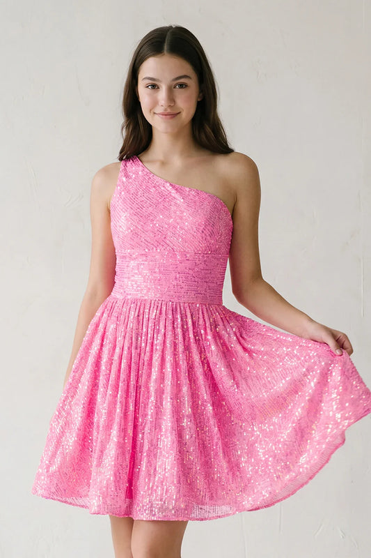 Dazzling A-Line One-Shoulder Sequin Hot Pink Short Homecoming Dress For Her