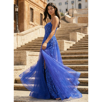 Dazzling A-Line Spaghetti Strap Sleeveless Sequin Royal Blue Floor-Length Prom Dresses Women's Gown