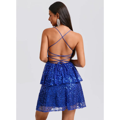 Dazzling A-Line Square Neck Sleeveless Sequin Tiered Blue Short Homecoming Dress