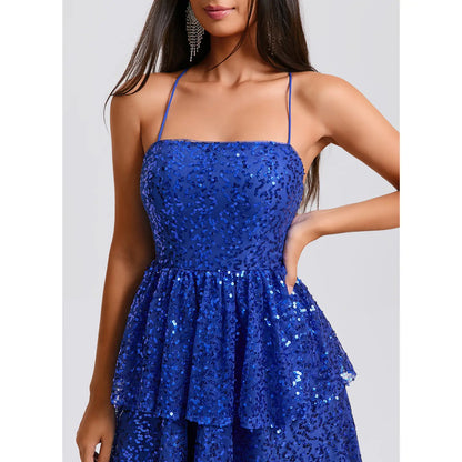 Dazzling A-Line Square Neck Sleeveless Sequin Tiered Blue Short Homecoming Dress