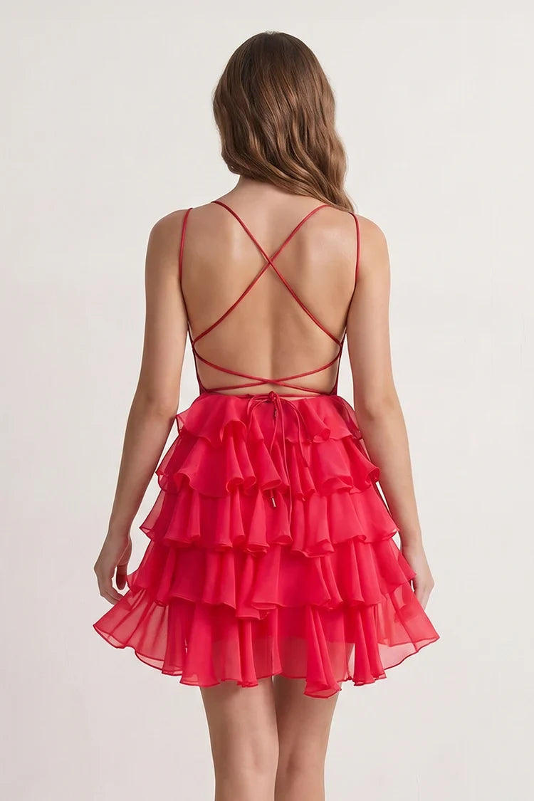 Dazzling A-Line Square Neck Strappy Ruffled Open Back Fuchsia Short Homecoming Dress