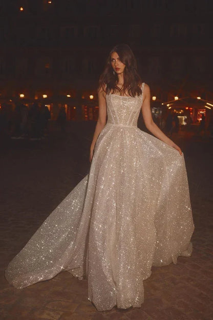 Dazzling A-Line Square Neck Strappy Shimmering Champagne Floor-Length Wedding Dresses Gown