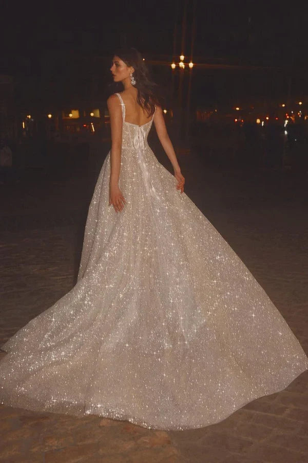 Dazzling A-Line Square Neck Strappy Shimmering Champagne Floor-Length Wedding Dresses Gown