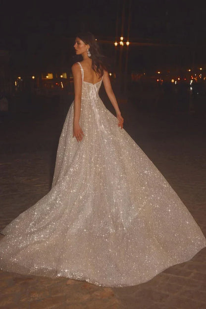 Dazzling A-Line Square Neck Strappy Shimmering Champagne Floor-Length Wedding Dresses Gown