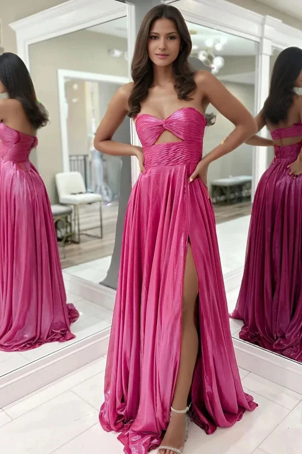 Dazzling A-Line Strapless Pleated Slit Fuchsia Floor-Length Prom Dresses Women's Gown