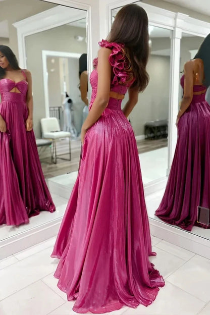Dazzling A-Line Strapless Pleated Slit Fuchsia Floor-Length Prom Dresses Women's Gown