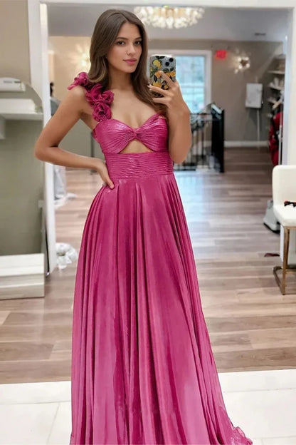 Dazzling A-Line Strapless Pleated Slit Fuchsia Floor-Length Prom Dresses Women's Gown