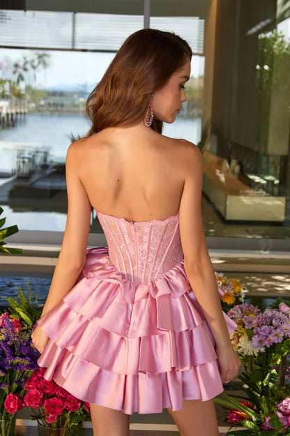 Dazzling A-Line Strapless Sleeveless Corset Ruffled Pink Short Homecoming Dress Women's