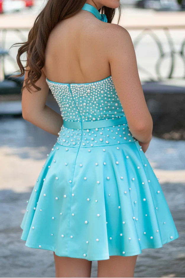 Dazzling A-Line Sweetheart Beaded Pearl-Embellished Aqua Short Homecoming Dresses