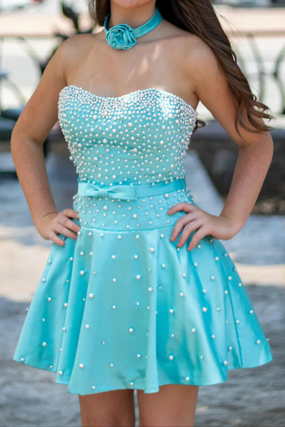 Dazzling A-Line Sweetheart Beaded Pearl-Embellished Aqua Short Homecoming Dresses