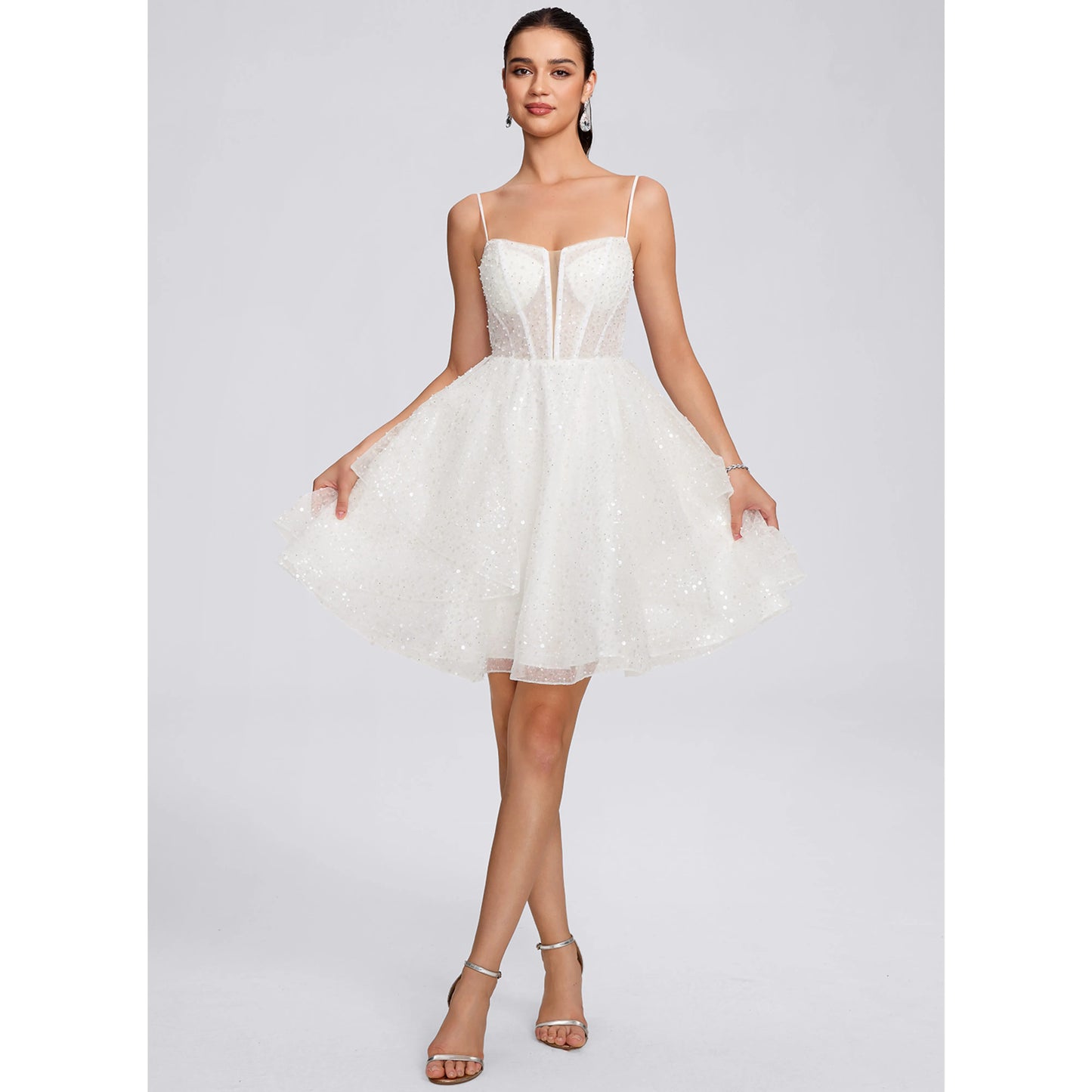 Dazzling A-Line Sweetheart Sleeveless Tiered White Short Homecoming Dress for Women
