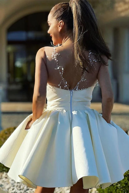 Dazzling A-Line V-Neck Sleeveless Beaded Illusion Ivory Short Homecoming Dresses