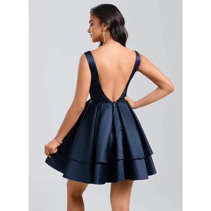 Dazzling A-Line V-Neck Sleeveless Tiered Navy Blue Short Homecoming Dress
