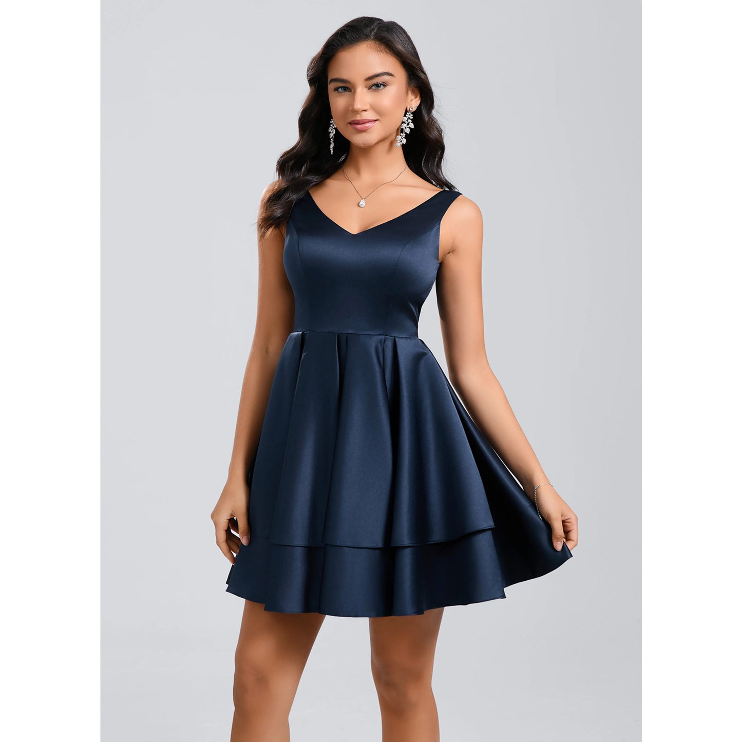 Dazzling A-Line V-Neck Sleeveless Tiered Navy Blue Short Homecoming Dress