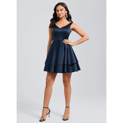 Dazzling A-Line V-Neck Sleeveless Tiered Navy Blue Short Homecoming Dress