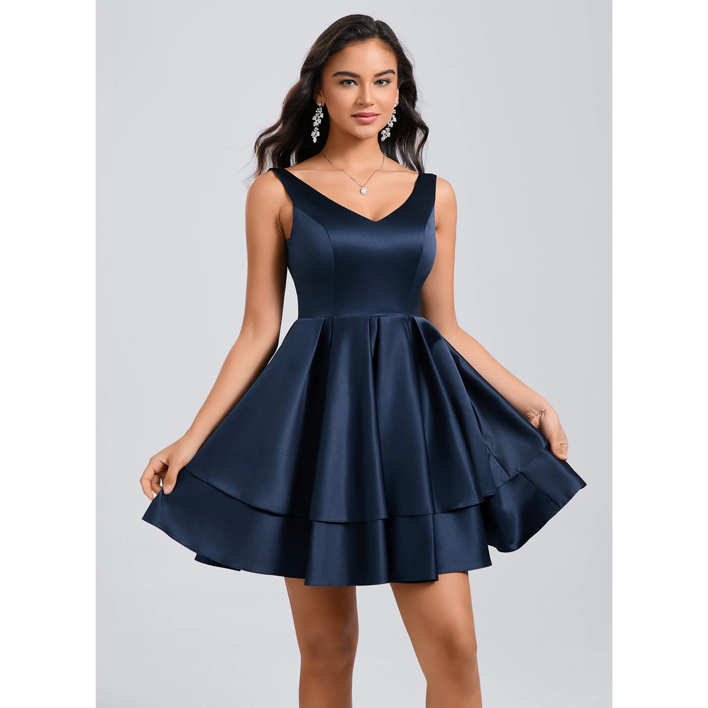 Dazzling A-Line V-Neck Sleeveless Tiered Navy Blue Short Homecoming Dress
