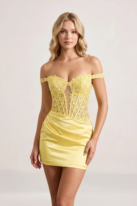 Dazzling Bodycon Off-Shoulder Applique Pleated Yellow Short Homecoming Dresses For Women