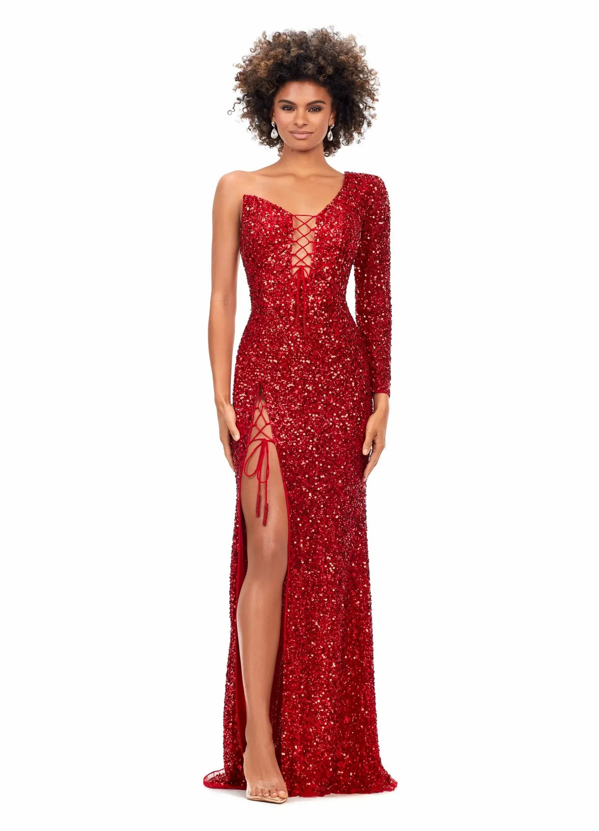 Dazzling Bodycon One-Shoulder Lace-Up High-Slit Royal Blue Floor-Length Evening Dress Women's