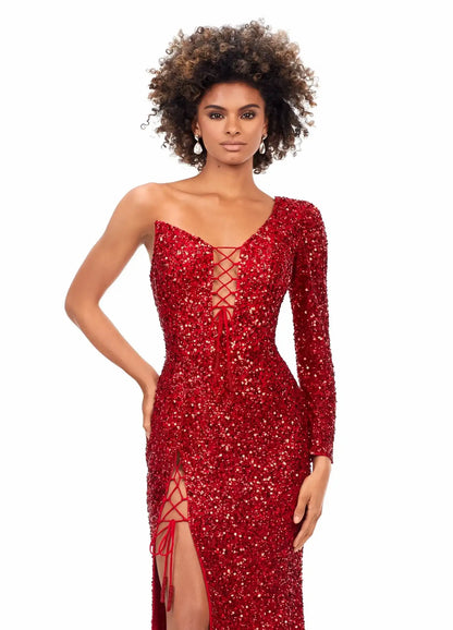 Dazzling Bodycon One-Shoulder Lace-Up High-Slit Royal Blue Floor-Length Evening Dress Women's