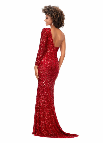 Dazzling Bodycon One-Shoulder Lace-Up High-Slit Royal Blue Floor-Length Evening Dress Women's