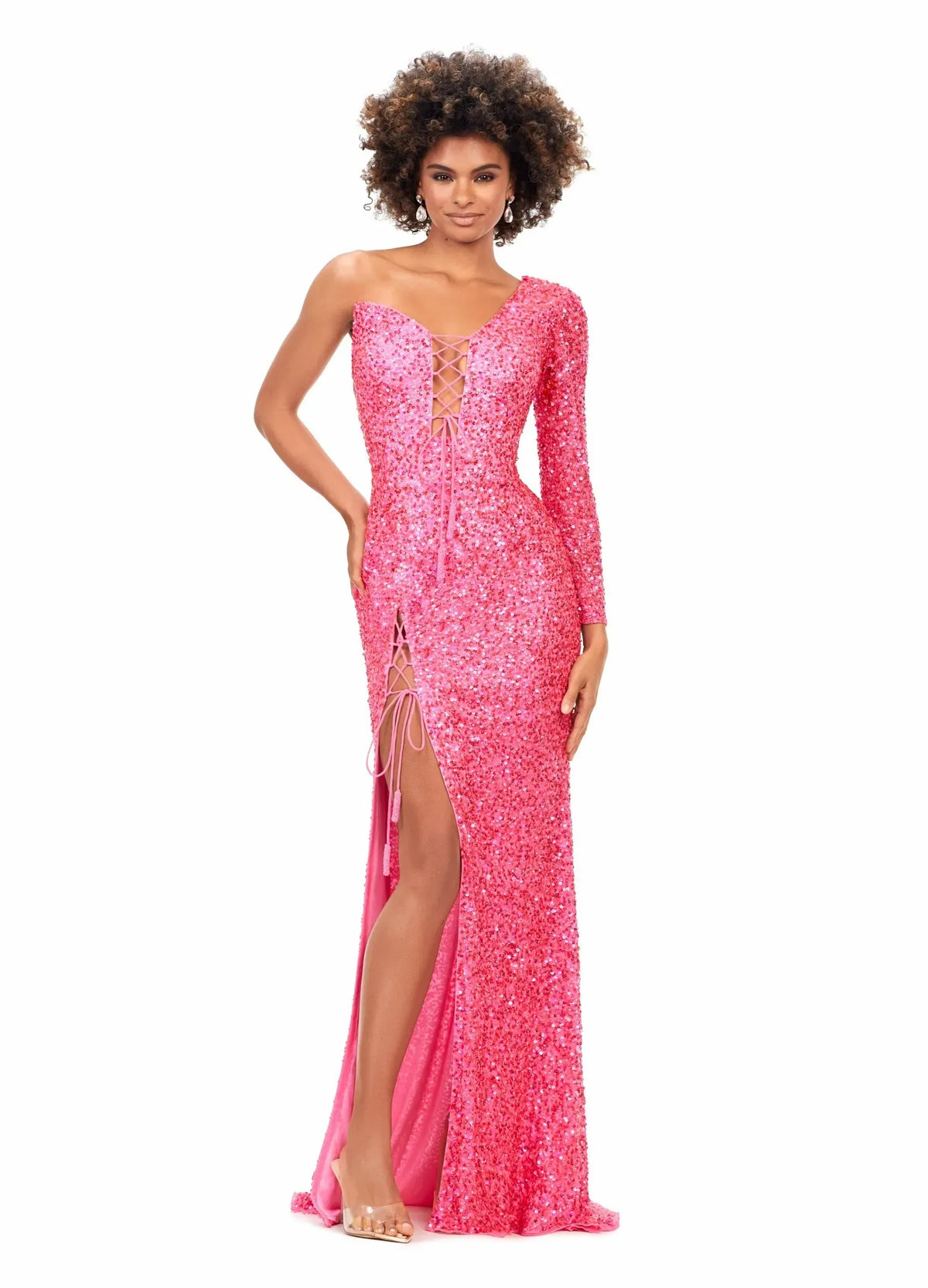 Dazzling Bodycon One-Shoulder Lace-Up High-Slit Royal Blue Floor-Length Evening Dress Women's