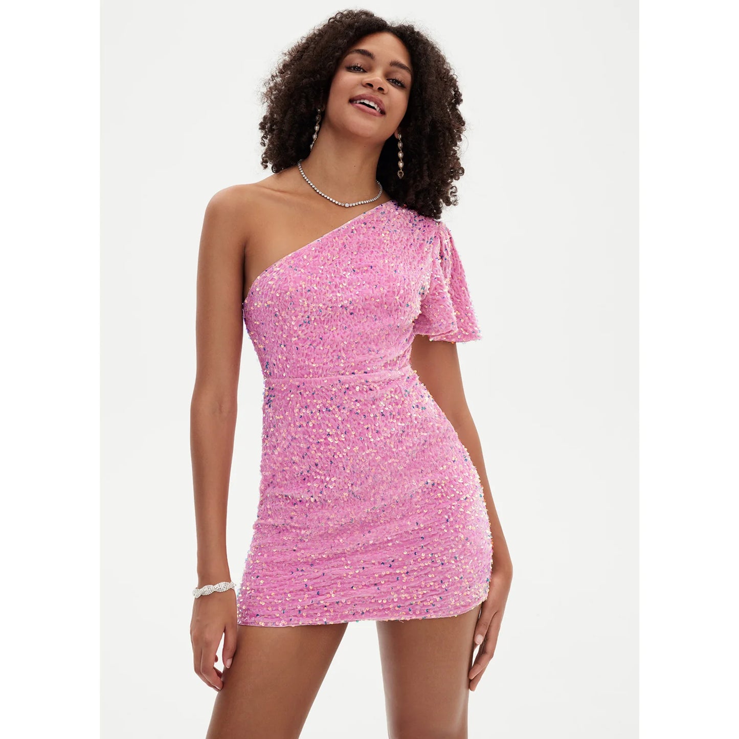 Dazzling Bodycon One-Shoulder Sequin Pink Short Homecoming Dress Women's Party