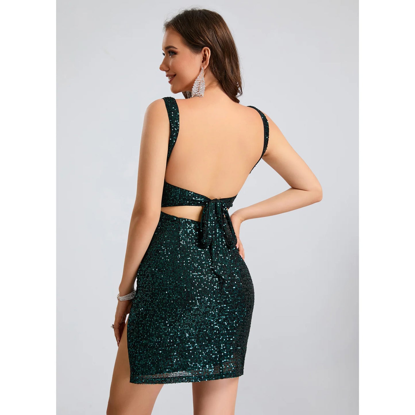 Dazzling Bodycon Square Neck Sleeveless Sequin Slit Emerald Green Mini Homecoming Dress